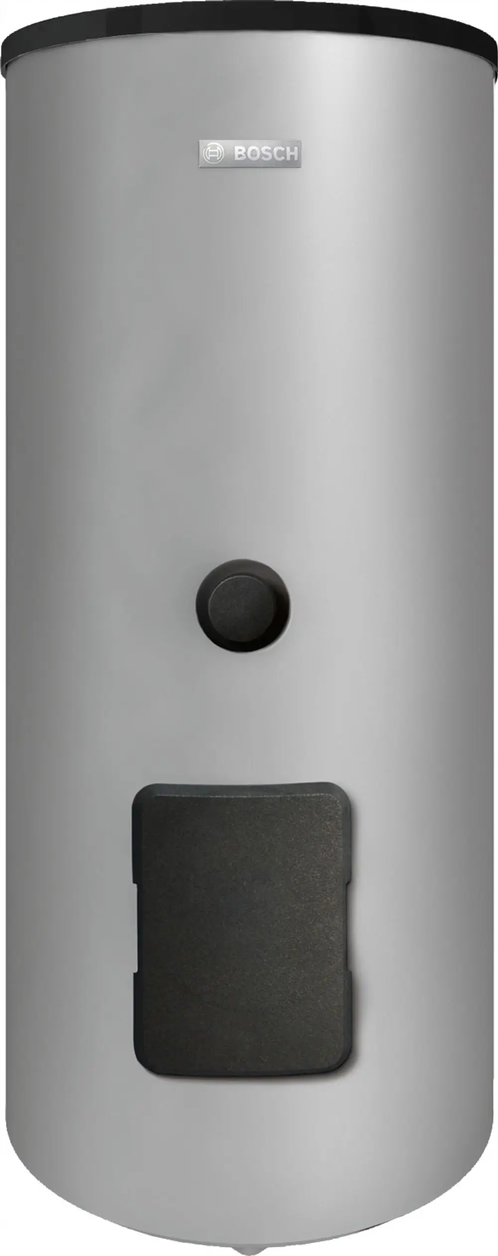 Silberner Warmwasserspeicher von Bosch mit runder Form, einer zentralen Steuerungstaste und einer schwarzen Abdeckung an der unteren Seite.